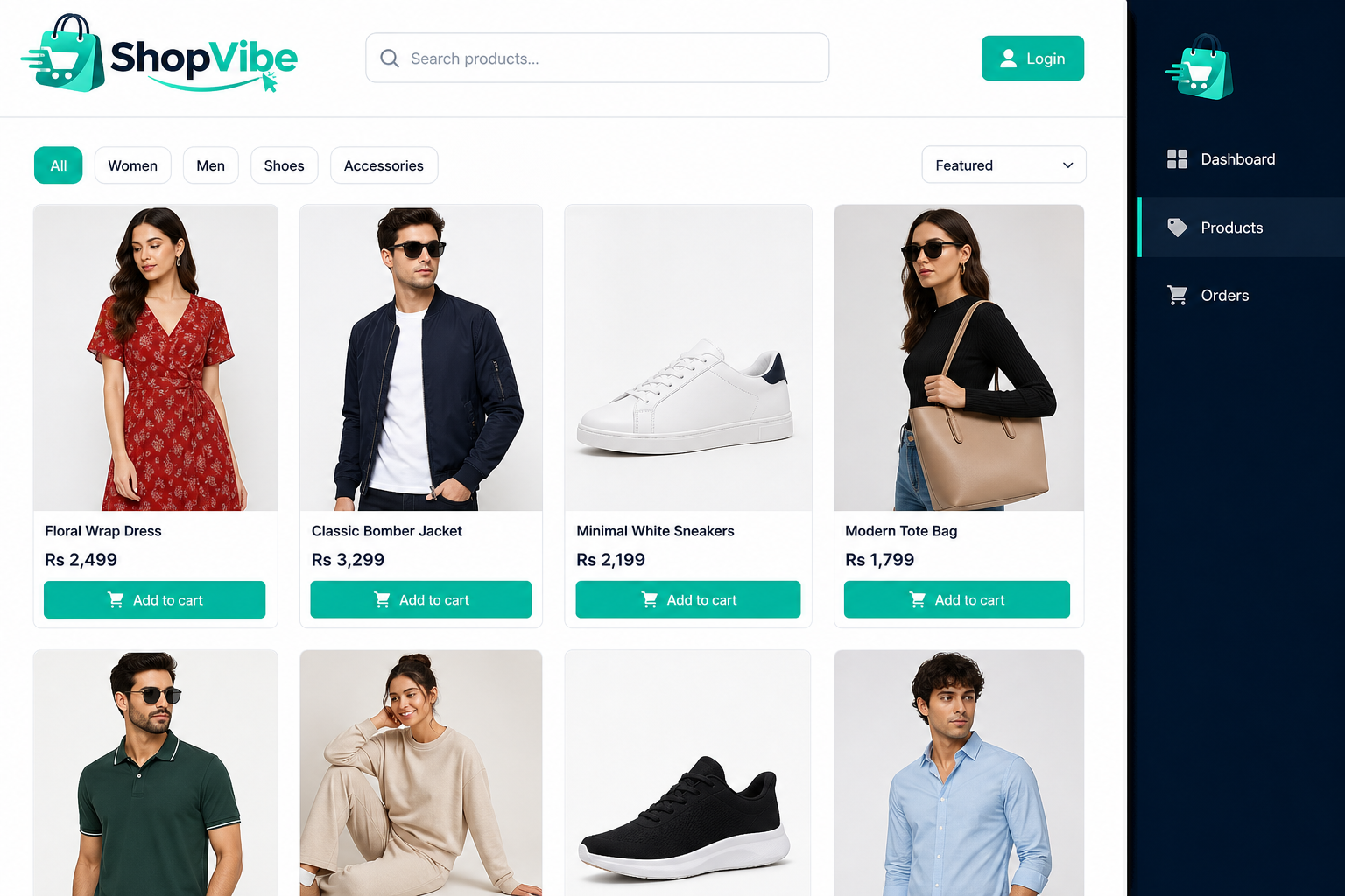 ShopVibe e-commerce storefront catalog with products, cart actions, and admin order management