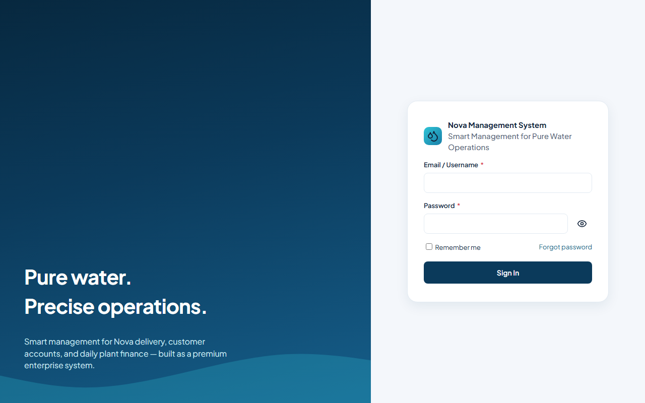 Nova RO Plant Management System split-screen login with water-operations branding and sign-in form